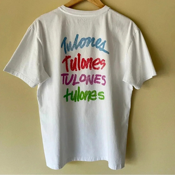 TULONES Men's Medium Crewneck White T-Shirt 4 Logos Design Blue/Red/Purple/Green - Picture 3 of 7